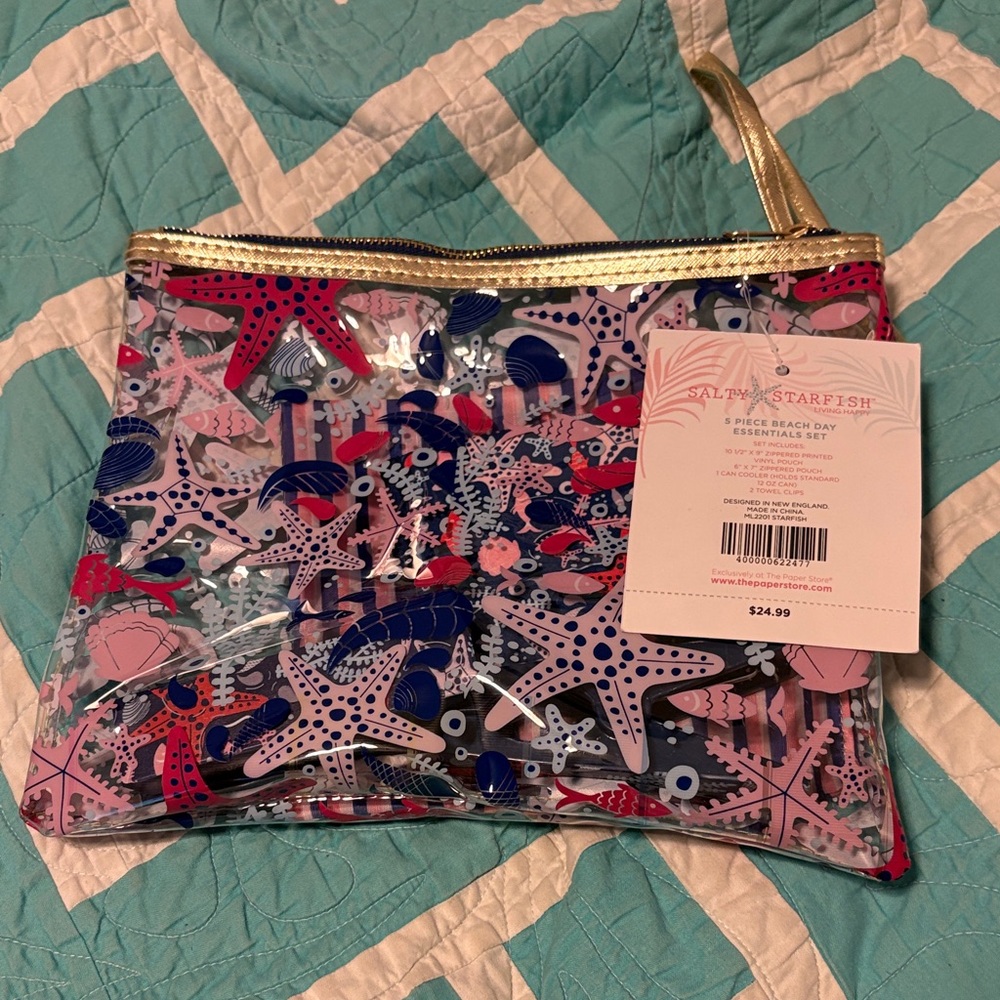 Starfish Patterned Clear Beach Bag with Gold Accents